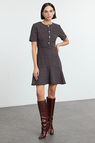 Black Tweed Mini Dress with Waist Detail - Textured & Casual
