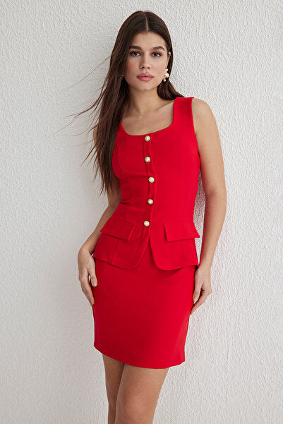 Red A-Line Mini Dress with Button Detail - Classic & Chic