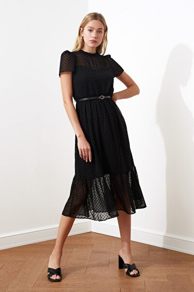 Black Belted A-Line Midi Dress - Classic & Flattering