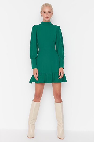Emerald Green A-Line Mini Dress - Stand Collar Elegance