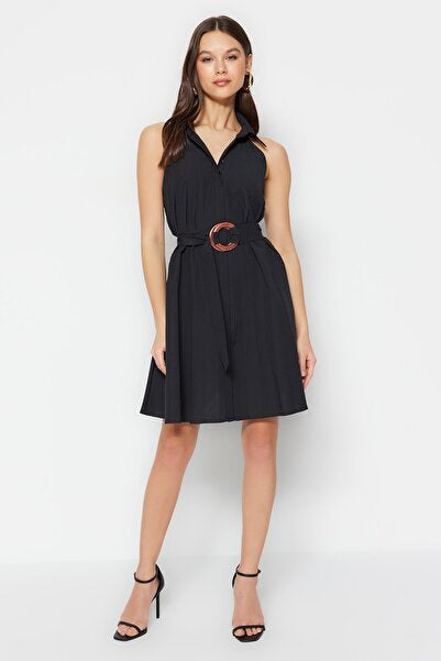 Black Cotton Pleated Mini Dress with Belt - Casual & Chic