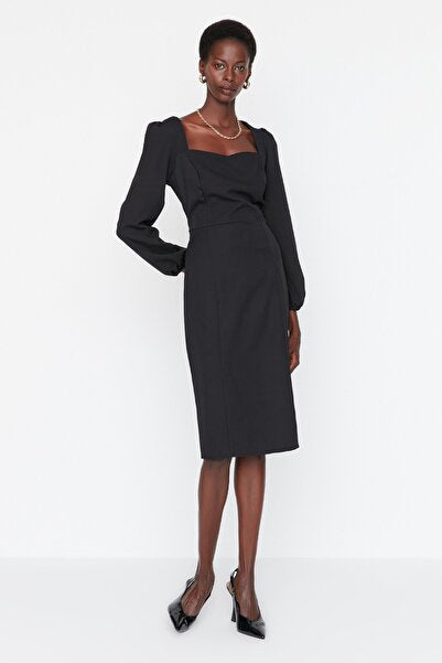 Black Belted Bodycon Midi Dress - Figure-Flattering