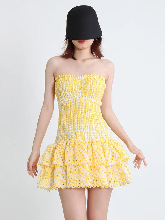 Strapless Layered Hem Mini Dress - Yellow