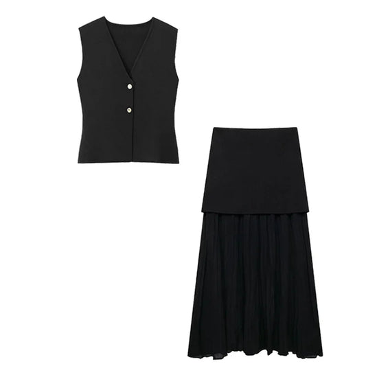 Knitted Vest & High-Waist Skirt Set - Black Suit
