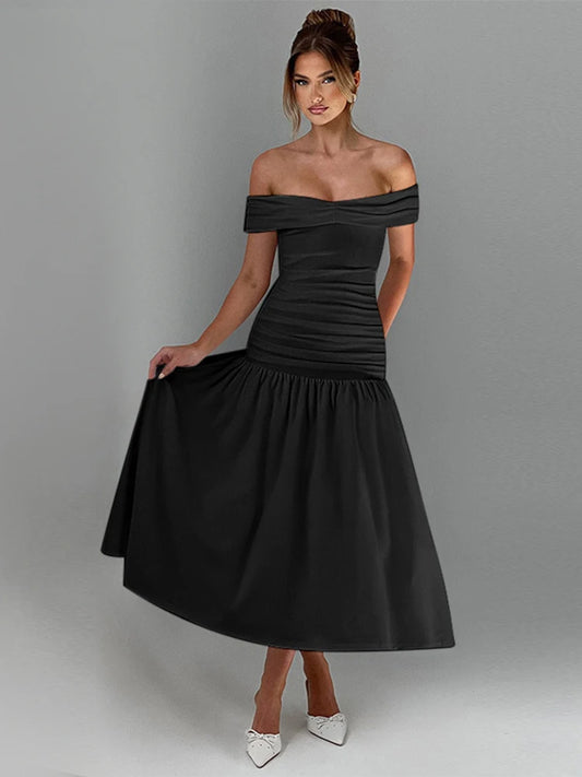 One Shoulder Ruched Maxi Dress - Black