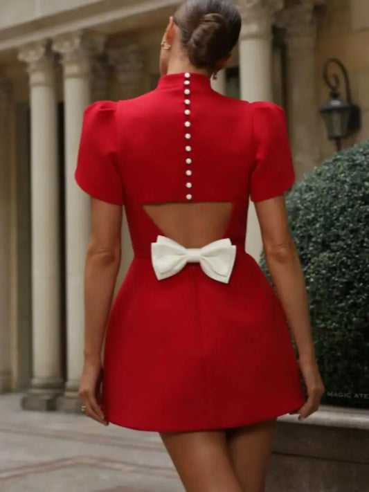 Chic Bow Accented  Mini Dress - Red