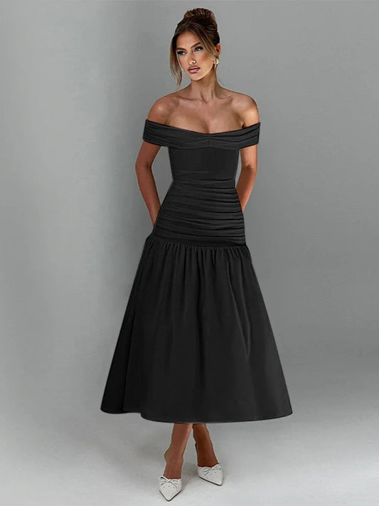One Shoulder Ruched Maxi Dress - Black