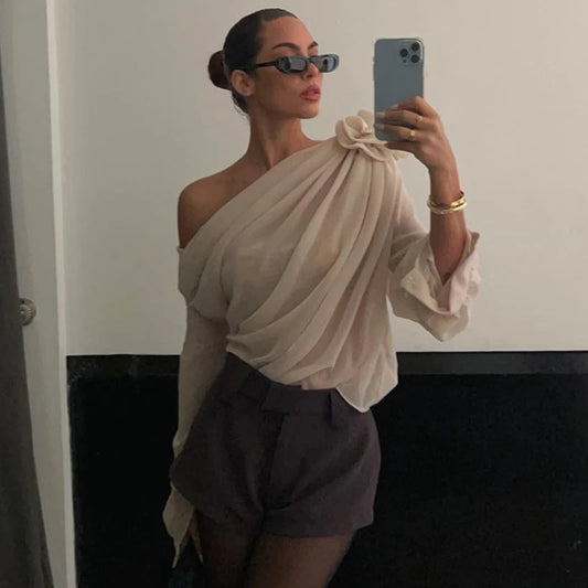 Off Shoulder Flower Appliqué Crop Top