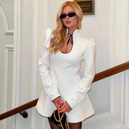 Retro Charm Stand Collar Mini Dress - White