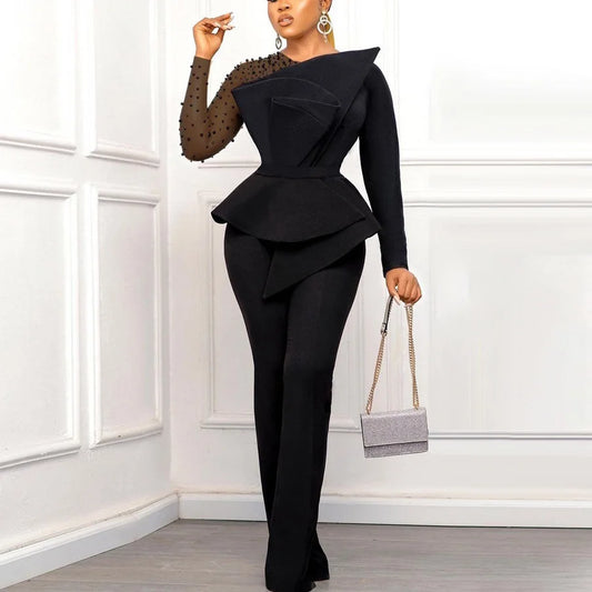 Elegant Beaded Sleeve Jumpsuit - Black