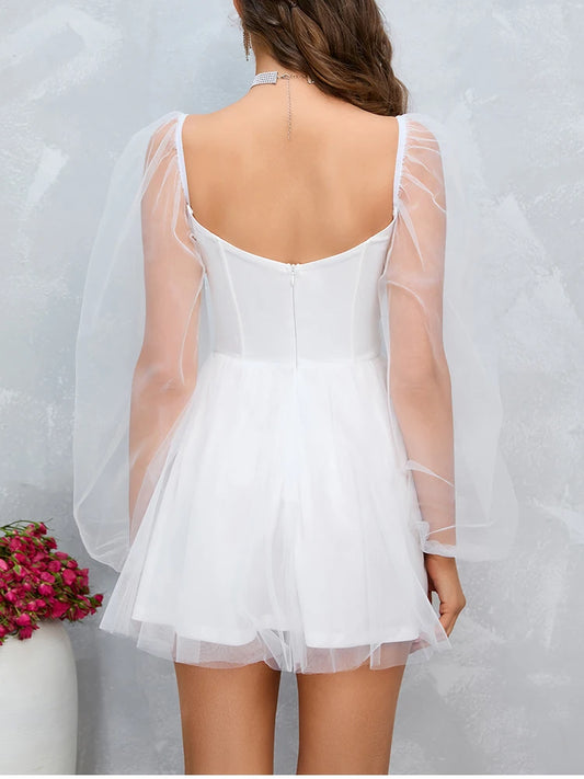 Mesh Long-Sleeve Mini Dress - White