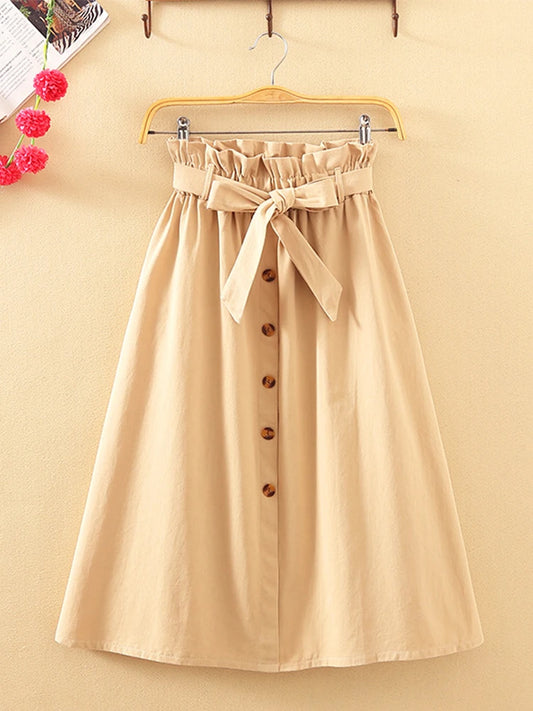 Summer Autumn High Waist Pleated Midi Skirt