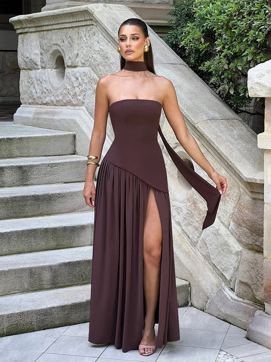 Elegant Slit Ribbon Maxi Dress - Brown