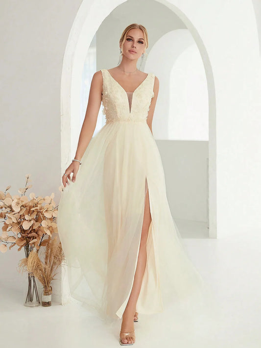 Sequin Embroidered Mesh Slit Maxi Dress - Yellow