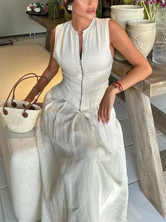 Elegant Pleated Zipper Midi Dress