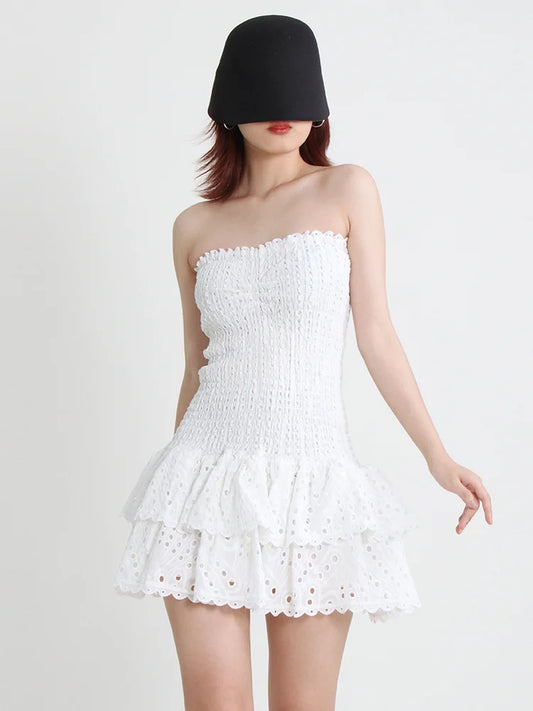 Strapless Layered Hem Mini Dress - White