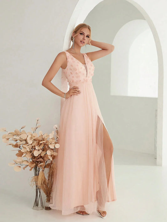 Sequin Embroidered Mesh Slit Maxi Dress - Pink