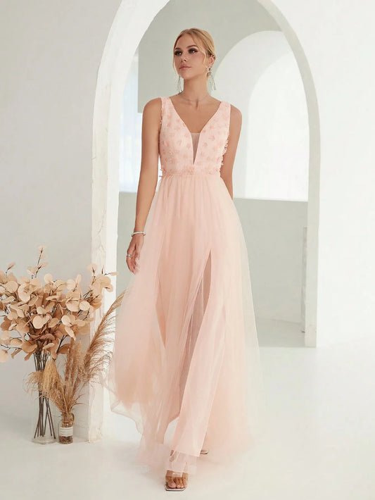 Sequin Embroidered Mesh Slit Maxi Dress - Pink