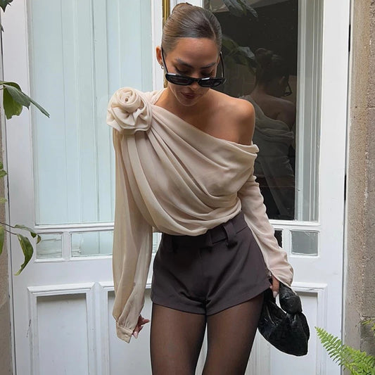 Off Shoulder Flower Appliqué Crop Top