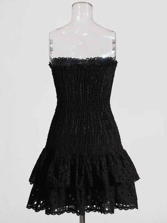 Strapless Layered Hem Mini Dress - Black