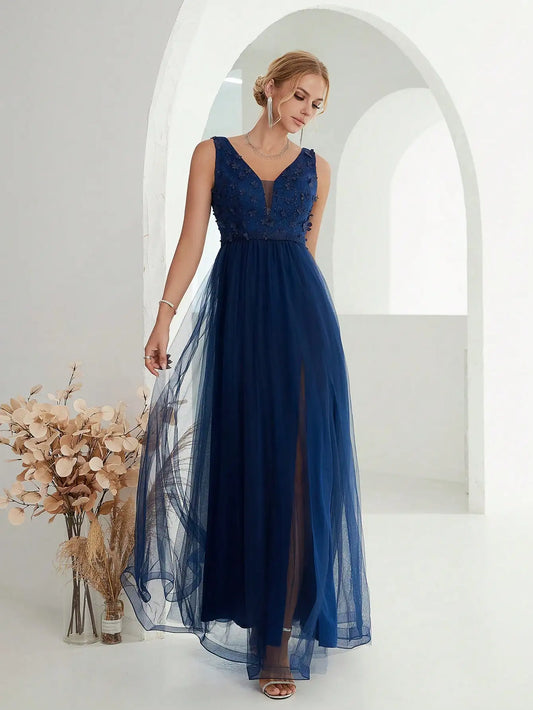 Sequin Embroidered Mesh Slit Maxi Dress - Deep Blue