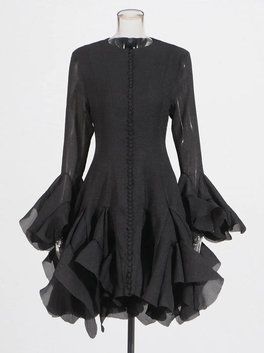 Elegant Pleated Patchwork Mini Dress - Black