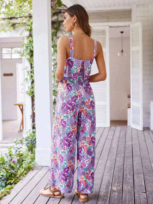 Floral Elegance Backless Wide Leg Jumpsuit - Purple