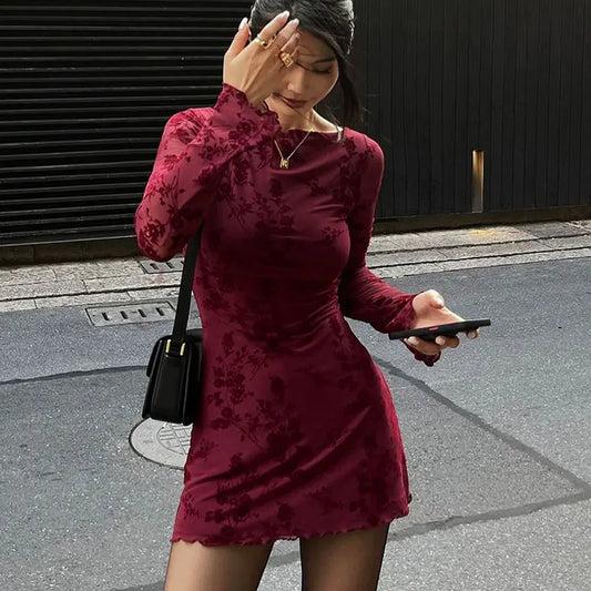 Wine Red Long Sleeve Mini Dress