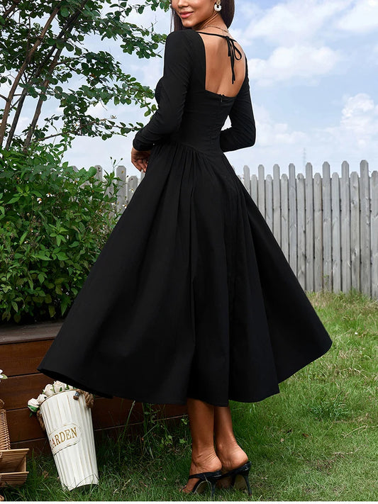 Elegant Backless Corset Midi Dress - Black