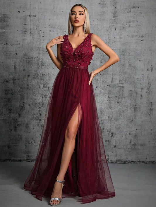 Sequin Embroidered Mesh Slit Maxi Dress - Claret