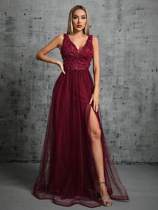 Sequin Embroidered Mesh Slit Maxi Dress - Claret