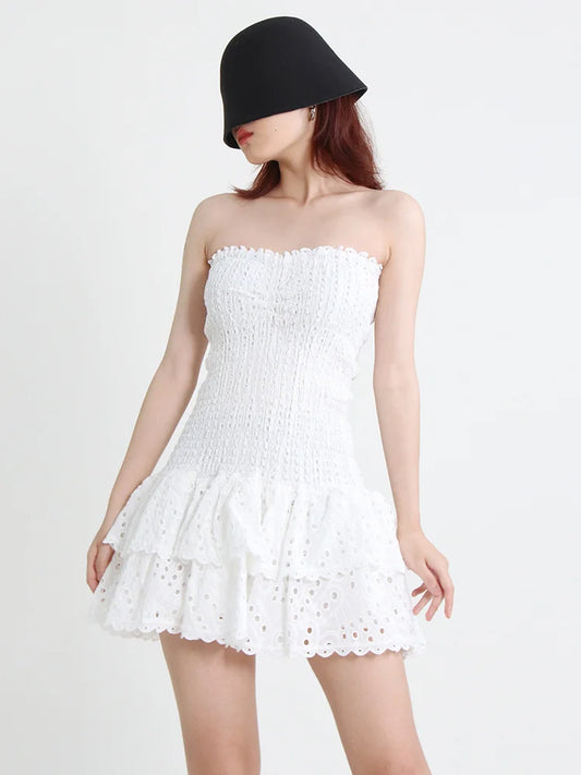 Strapless Layered Hem Mini Dress - White