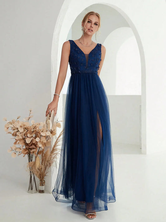 Sequin Embroidered Mesh Slit Maxi Dress - Deep Blue