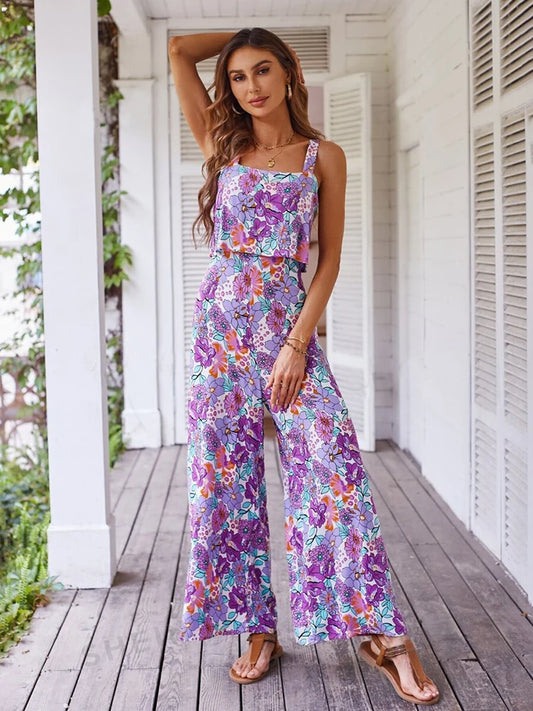 Floral Elegance Backless Wide Leg Jumpsuit - Purple