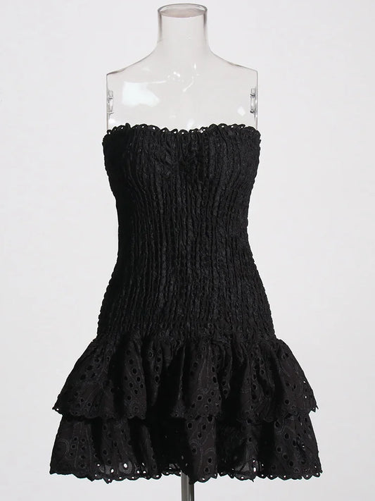 Strapless Layered Hem Mini Dress - Black