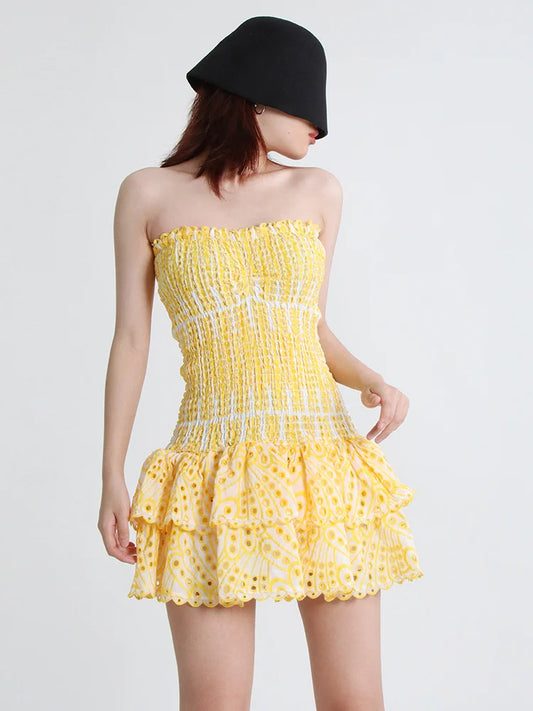 Strapless Layered Hem Mini Dress - Yellow