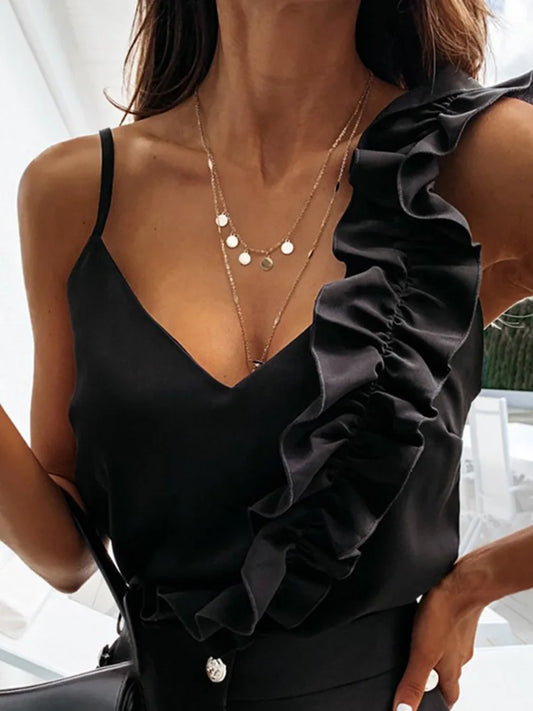 Sleeveless Ruffle V-Neck Blouse - Black