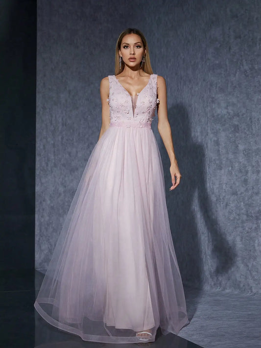 Sequin Embroidered Mesh Slit Maxi Dress - Lavender