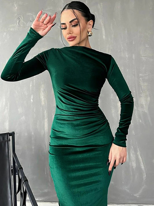 Velvet Long Sleeve Midi Dress - Green