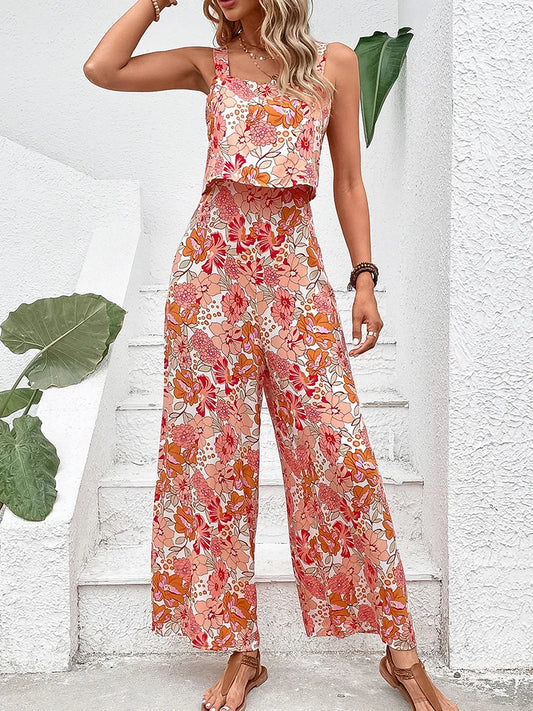 Floral Elegance Backless Wide Leg Jumpsuit - Mixed Color