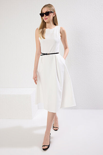 Ecru Pleated Midi Dress - Neutral & Elegant
