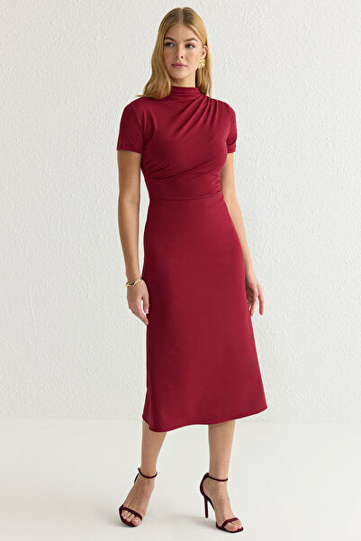 Burgundy Bodycon Midi Dress with Knit Panels - Rich & Textured