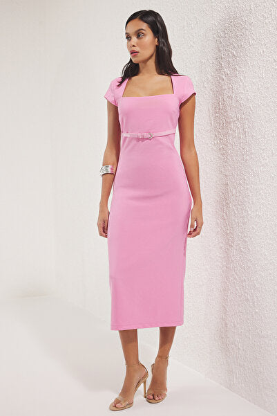 Pink Bodycon Midi Dress with Belt - Sweet & Figure-Hugging