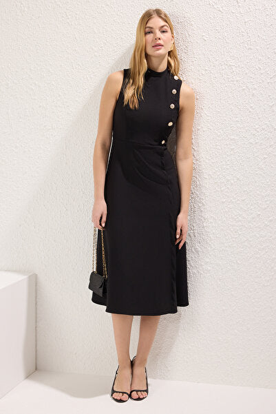 Black Straight Midi Dress with Waist Opening - Modern & Elegant