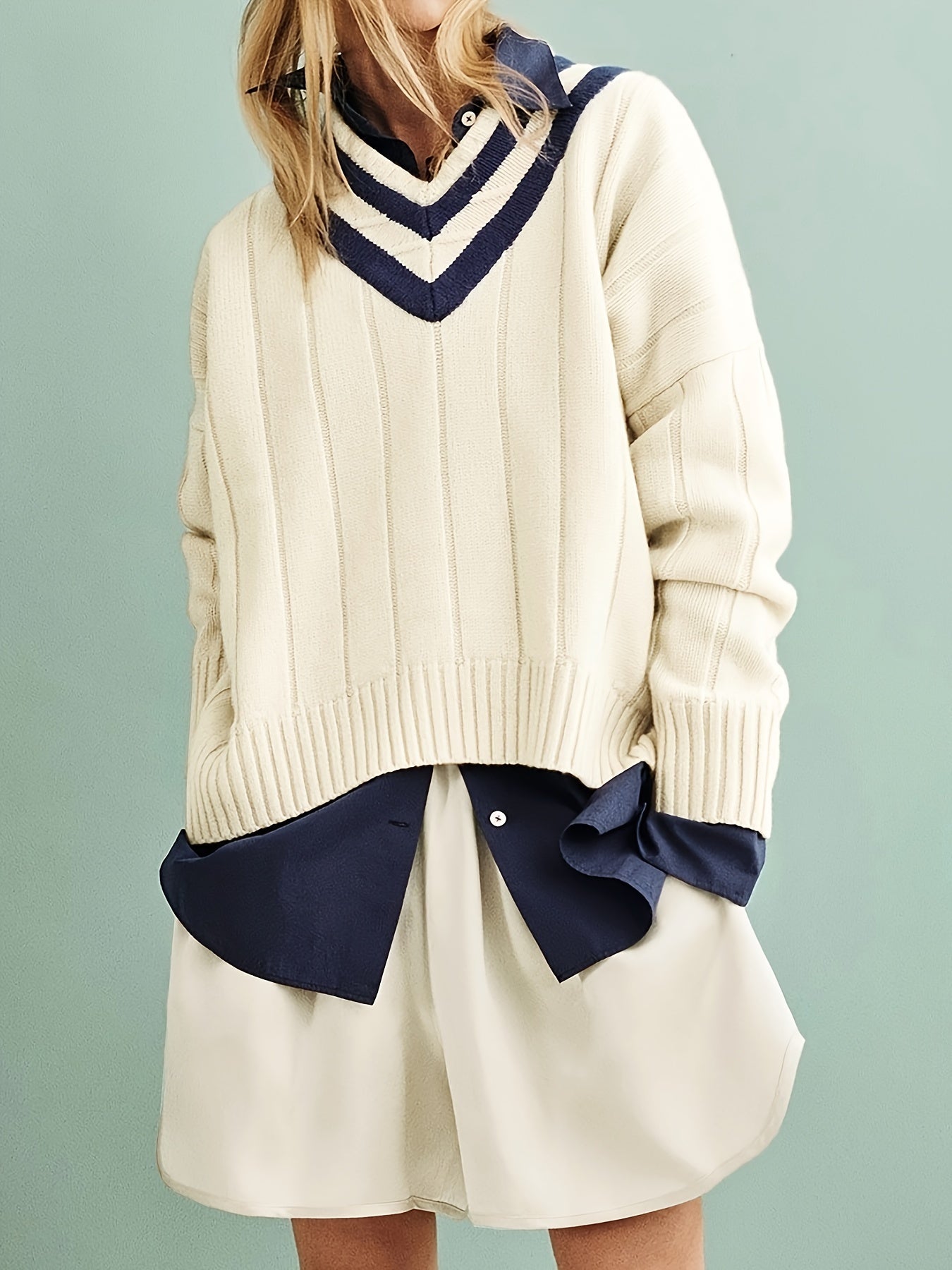 Striped Elegance V-Neck Pullover