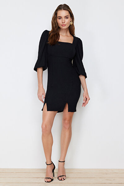 Black Wrap Mini Dress with Square Collar & Slit - Sexy & Modern