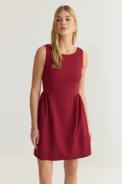 Burgundy A-Line Mini Dress with Volume Skirt - Rich & Dramatic