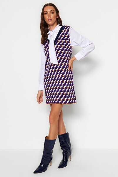 Purple Shirt-Collar Knit Mini Dress