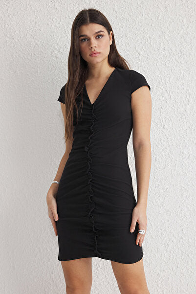 Black Wrap Mini Dress with Ruffle Detail - Sexy & Feminine