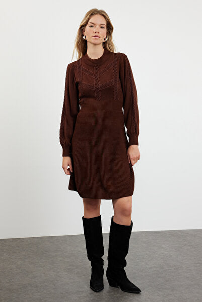 Brown Lace Mini Knit Dress - Earthy & Feminine